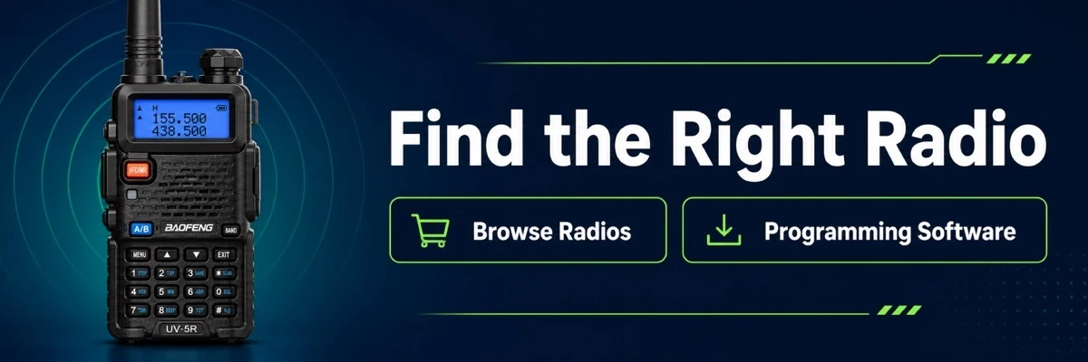 Call to action banner showing a Baofeng UV-5R walkie talkie with links to browse UK two-way radios and Baofeng programming software