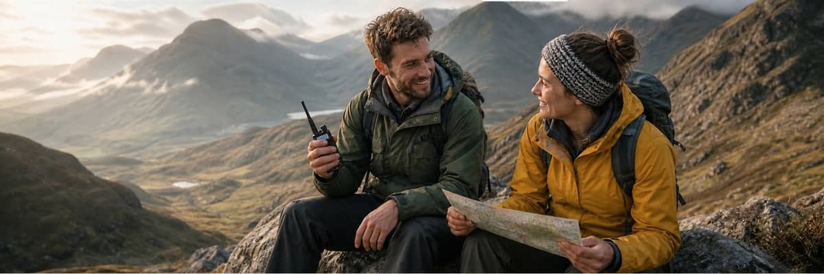 Two hikers in the Scottish Highlands looking at a map and using a walkie-talkie to communicate.