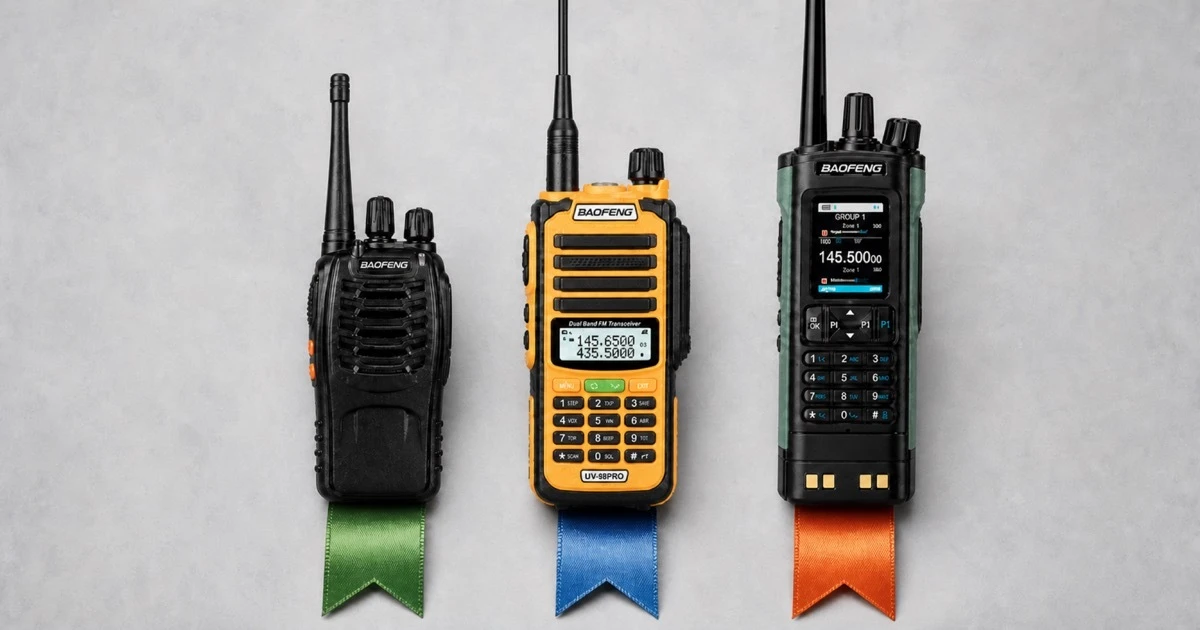 Three top walkie-talkie recommendations for UK adults — a PMR446 licence-free model for most users, a waterproof radio for outdoor use and a compact programmable handset for licensed beginners