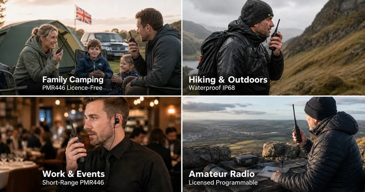Four adult walkie-talkie use-case scenarios for UK buyers — family camping with PMR446, outdoor hiking with a waterproof radio, workplace events communication and licensed amateur radio operation