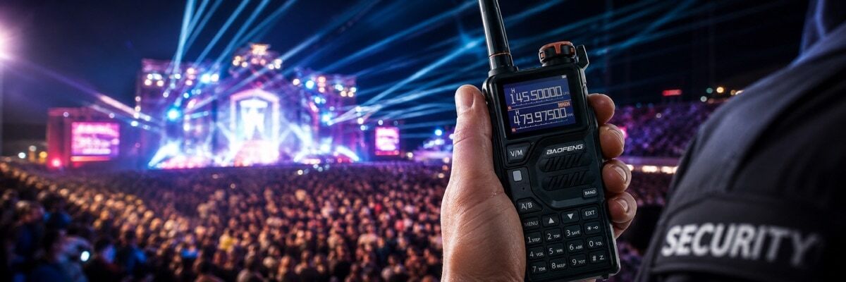Professional security personnel hold encrypted walkie-talkies at a major music festival in the UK, against a backdrop of stage lights and crowds.