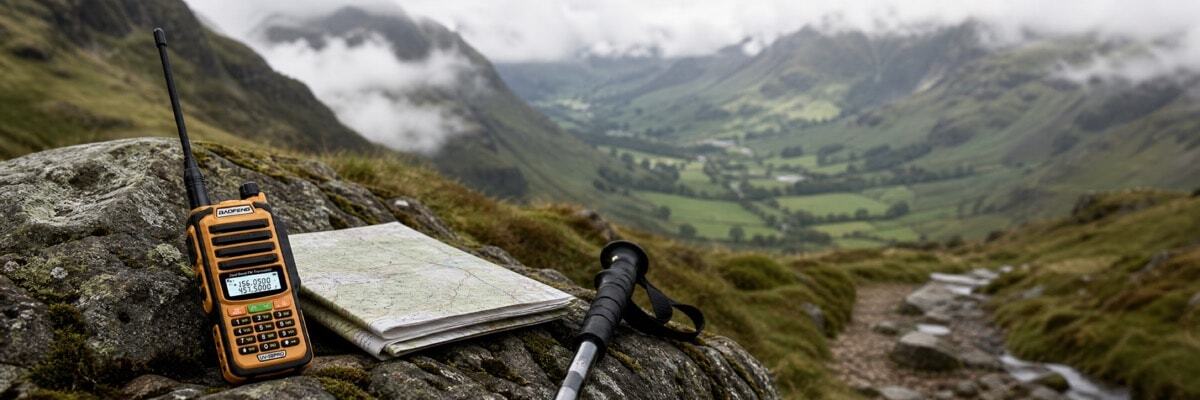 A compact lightweight walkie-talkie resting on a mossy rock next to a hiking map on a misty trail in the UK Lake District, showcasing outdoor gear.