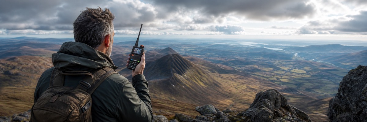 A user operates a long-range walkie-talkie on a high ridge in the British Highlands, symbolizing a powerful communication coverage area.