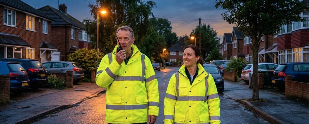 Community volunteers using walkie-talkies for a neighbourhood watch patrol in a UK suburb.