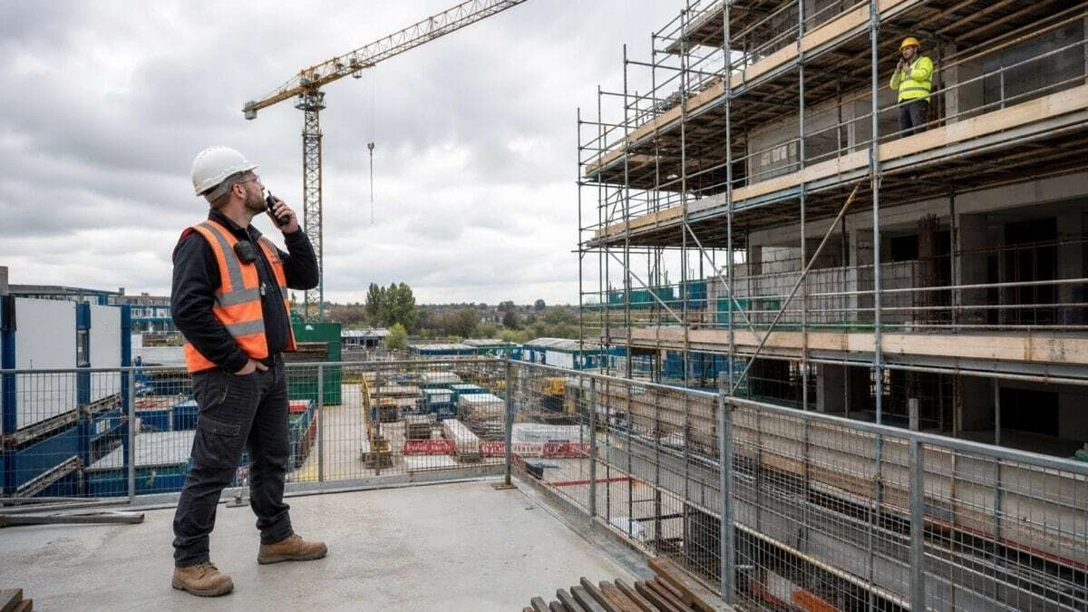 A UK construction site manager using a shoulder speaker microphone walkie-talkie on a concrete floor slab to coordinate with a worker on scaffolding above, with a tower crane visible in the background