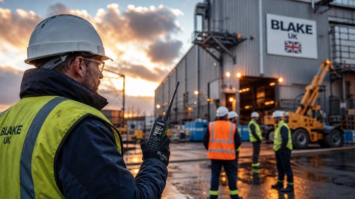 Industrial workers in hi-vis vests using two way radios on a UK factory and warehouse site