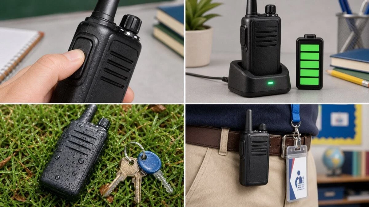 A flat-lay showing four key walkie-talkie features for UK schools: a simple push-to-talk button, a charging cradle with green LED, a durable rain-resistant radio on grass, and a compact radio clipped to a teacher's belt