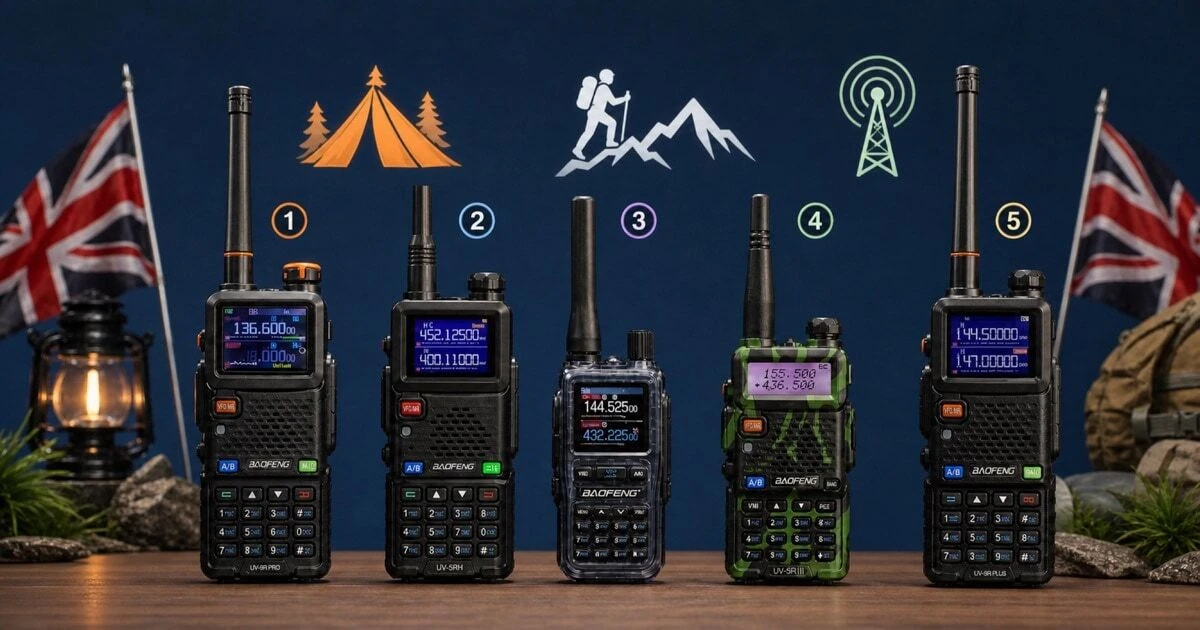 Five of the best adult walkie-talkies for the UK market displayed in a hero lineup, representing different use cases from simple family communication to licensed outdoor and amateur radio use