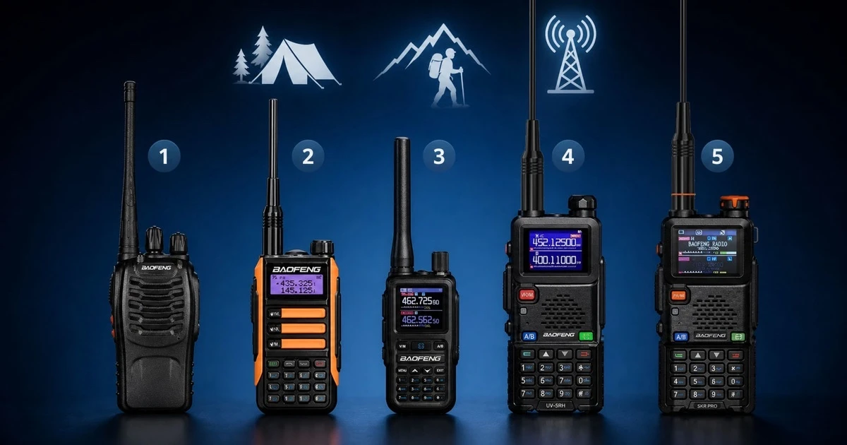 Five of the best adult walkie-talkies for the UK market displayed in a hero lineup, representing different use cases from simple family communication to licensed outdoor and amateur radio use