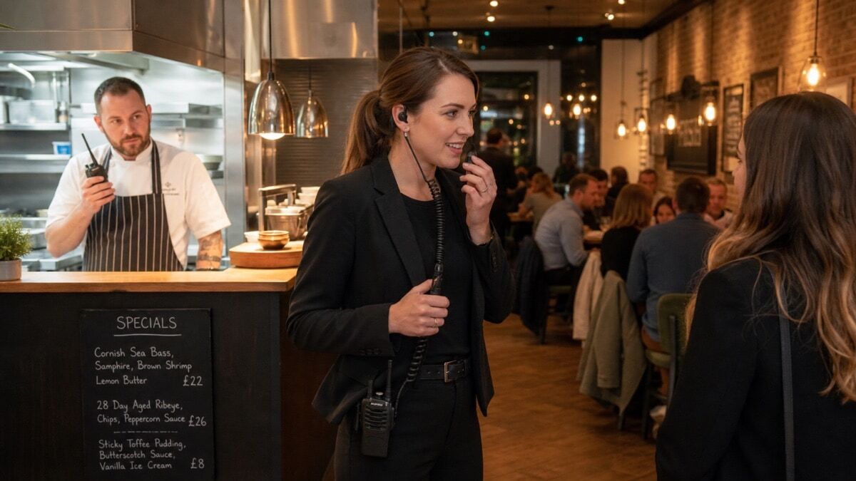A floor manager using a walkie-talkie with an earpiece during busy evening service in a modern British restaurant while a chef holds a matching radio at the kitchen pass