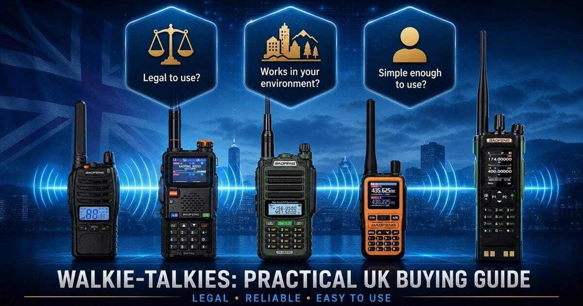 A hero image showing five of the best UK walkie-talkies with the three key buyer questions — legal use, environment suitability and ease of use — illustrating a practical UK walkie-talkie buying guide approach
