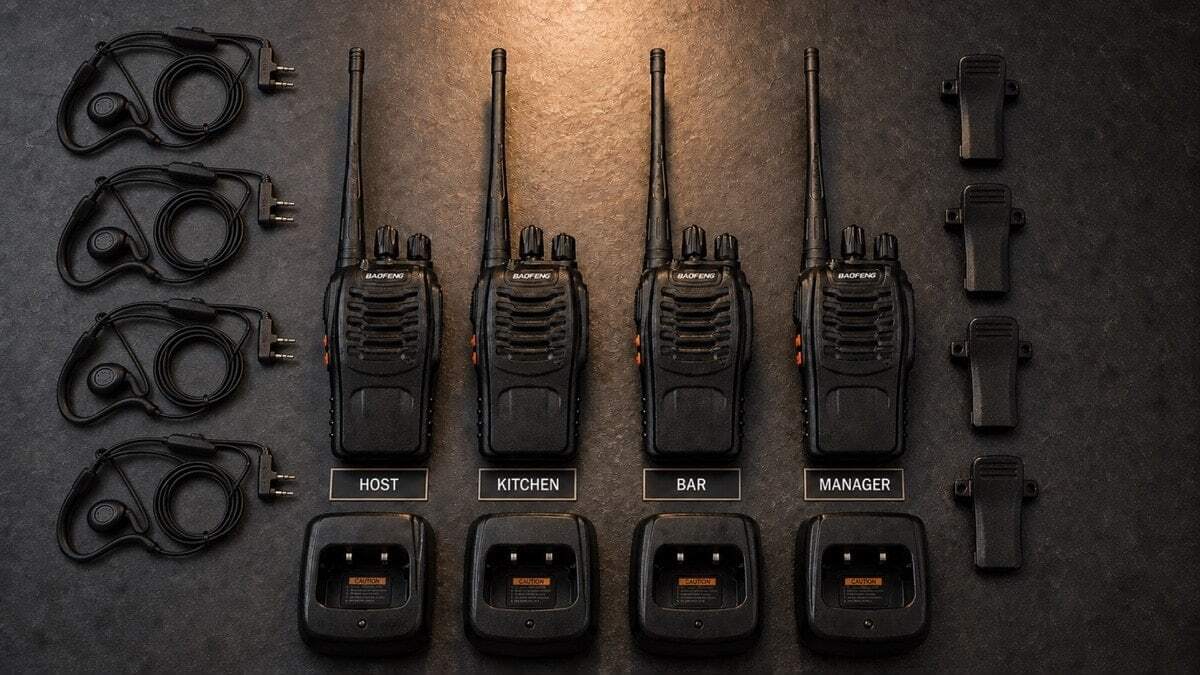 Close-up of key restaurant walkie-talkie features showing a PTT earpiece, a radio in a desktop charging cradle and simple one-button push-to-talk operation
