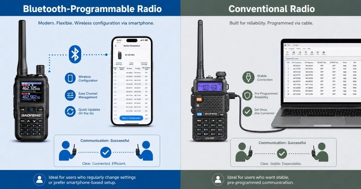 A split-screen comparison between a Bluetooth-programmable walkie-talkie configured via smartphone app on the left, and a conventional radio programmed via USB cable and laptop on the right — helping UK buyers choose between the two approaches