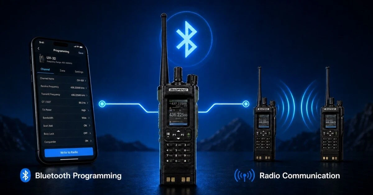 A hero illustration showing a walkie-talkie connected via Bluetooth to a smartphone for programming on one side, and transmitting traditional radio signals on the other — clarifying that Bluetooth programming and radio communication are two separate functions