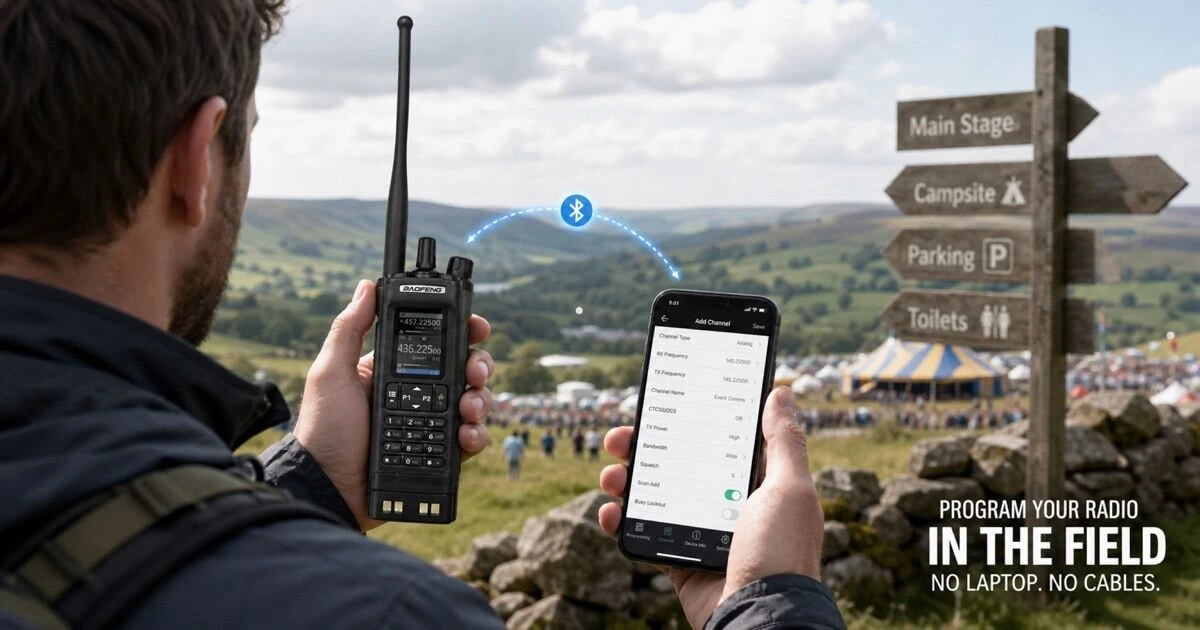 A person in a British outdoor setting programming a walkie-talkie wirelessly from a smartphone app via Bluetooth, showing how Bluetooth radio programming removes the need for a laptop and USB cable in the field