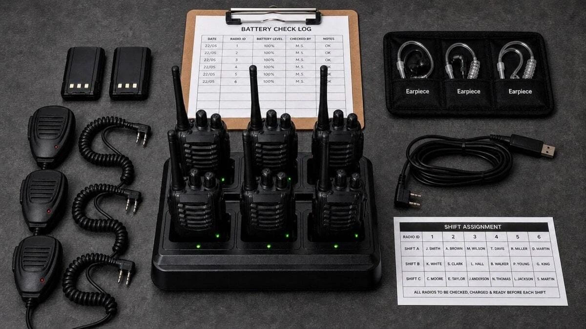A business radio fleet management setup showing six walkie-talkies on a multi-unit charging cradle with speaker microphones, spare batteries, earpieces and a shift assignment log