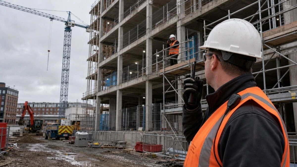 A UK construction site supervisor using a walkie-talkie with a shoulder speaker microphone to communicate with a worker on scaffolding above a reinforced concrete building