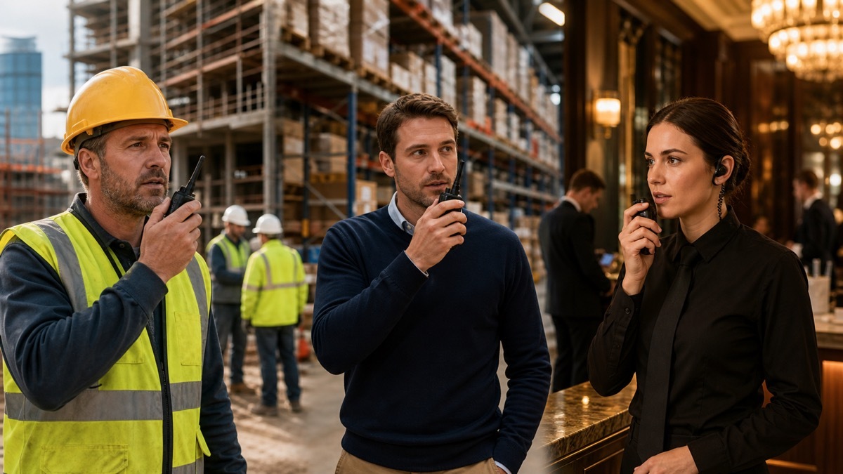 A construction foreman, warehouse manager and hospitality supervisor each using business two-way radios across different UK workplace environments