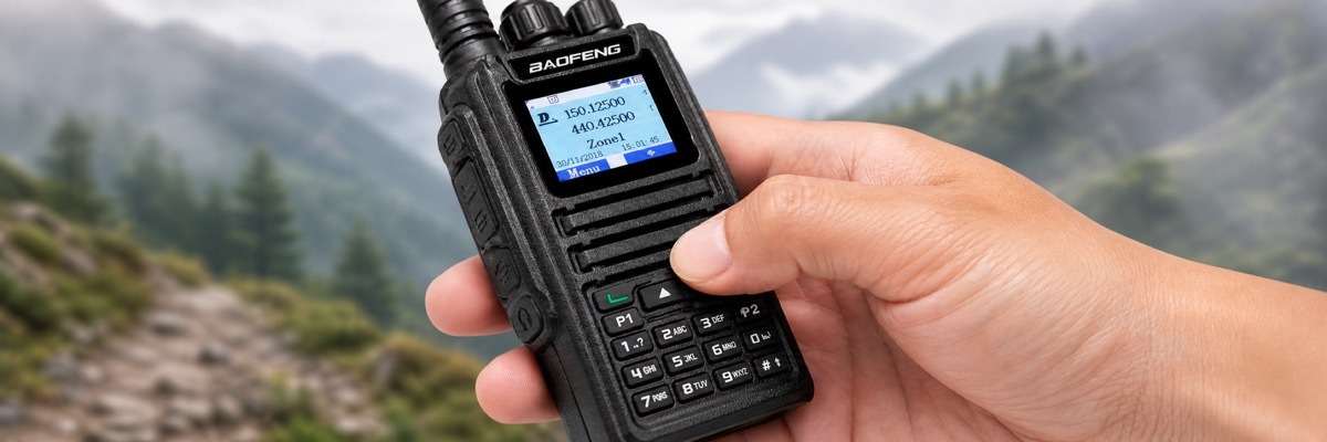 Close-up view of a user adjusting the channel configuration button on a professional handheld radio transceiver.