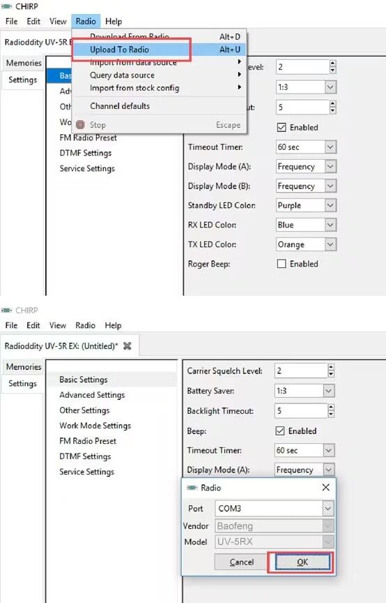CHIRP-next additional Settings page for Baofeng UV-5R showing FM Radio, Scanning mode and VFO configuration