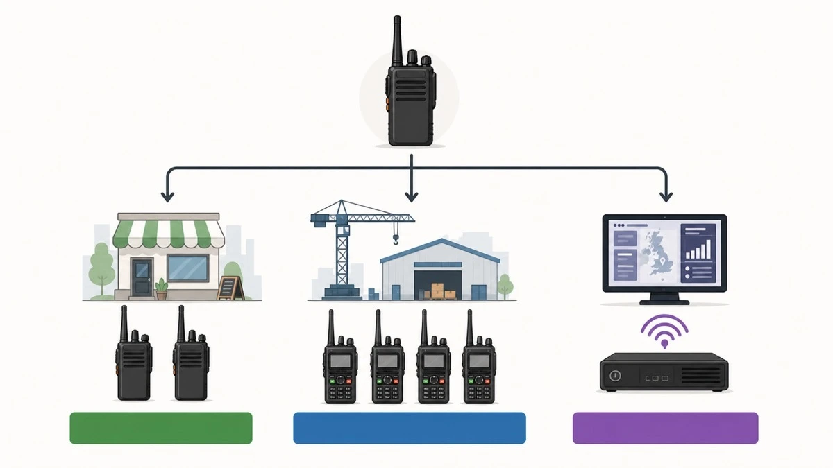 A decision map illustration showing three business radio options for UK organisations: PMR446 licence-free radios for small businesses, licensed business radios for larger sites, and digital radio systems for complex operations
