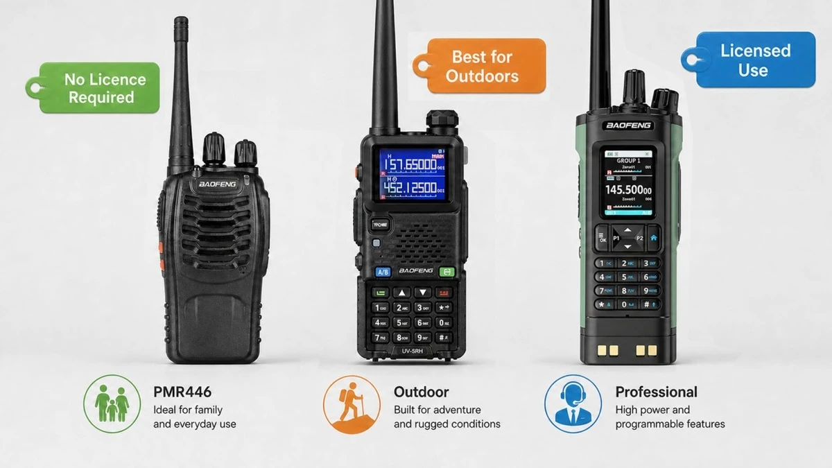 Three walkie-talkies displayed side by side representing the main UK radio categories — a PMR446 licence-free radio for families and small teams, an outdoor radio for hikers, and a licensed high-power radio for advanced users