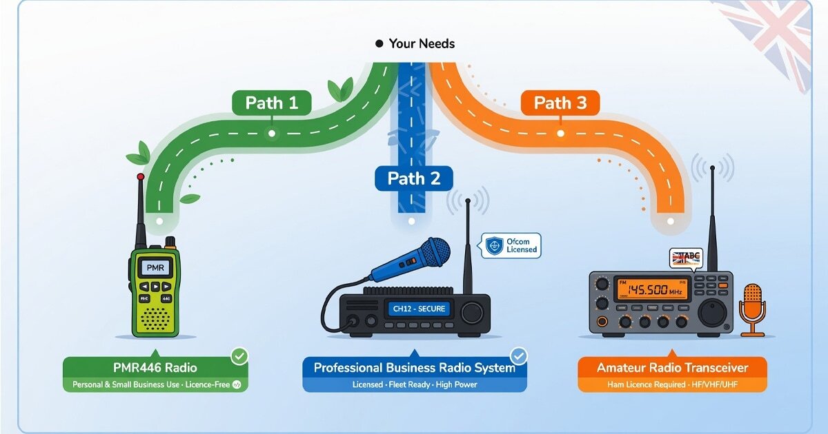A decision-path illustration showing three choices for UK radio buyers: PMR446 licence-free radios, licensed business radios and amateur ham radio transceivers