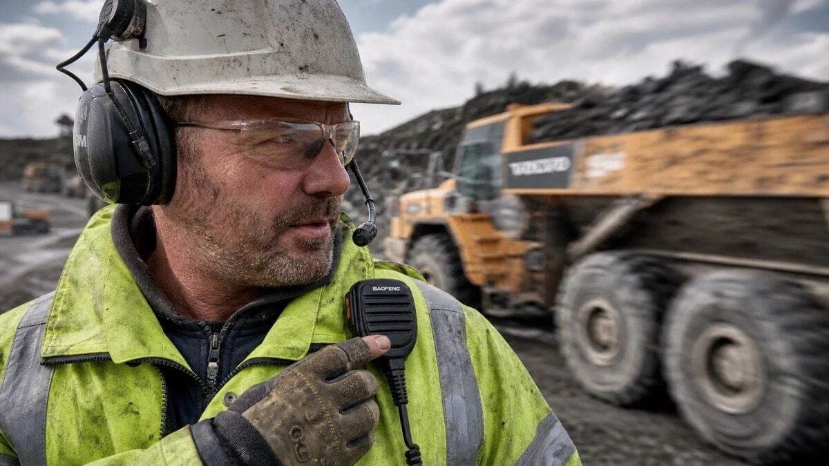 Construction site supervisor using a speaker microphone on a two way radio in a high-noise industrial environment