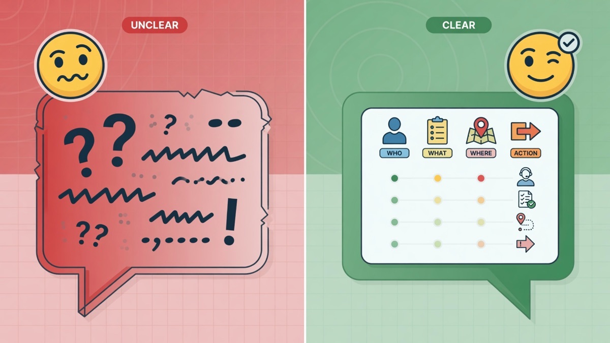 Split-screen illustration comparing vague and unclear radio messages on the left with clear structured two-way radio communication on the right