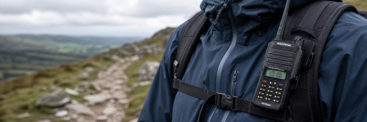 A lightweight walkie-talkie is securely clipped to the shoulder strap of a hiking backpack for easy access.