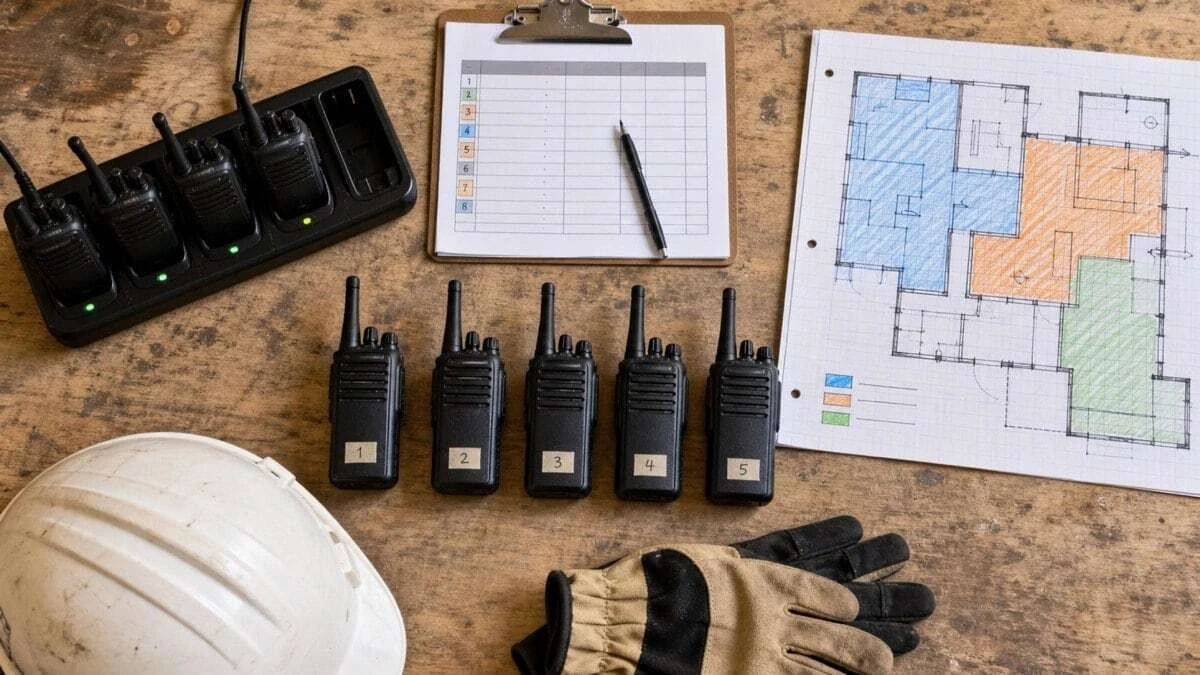 A construction site office flat-lay showing a radio fleet with numbered walkie-talkies, a multi-unit charging cradle, a colour-coded site coverage map and a shift radio issue log on a clipboard