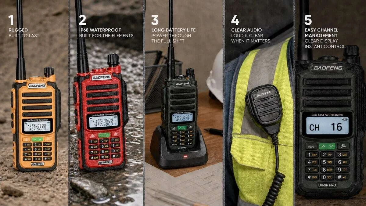 A flat-lay showing five key construction walkie-talkie features on a concrete surface: rugged casing, water resistance, battery charging, a shoulder speaker microphone on a high-visibility vest and clear channel display