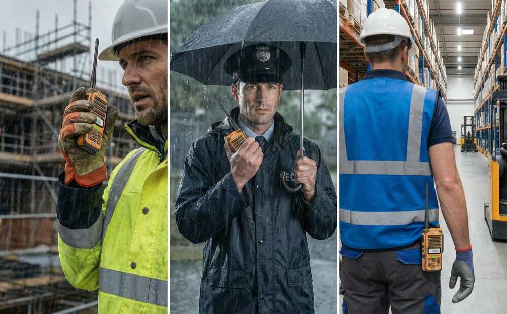 Construction worker using a rugged two-way radio in an industrial environment