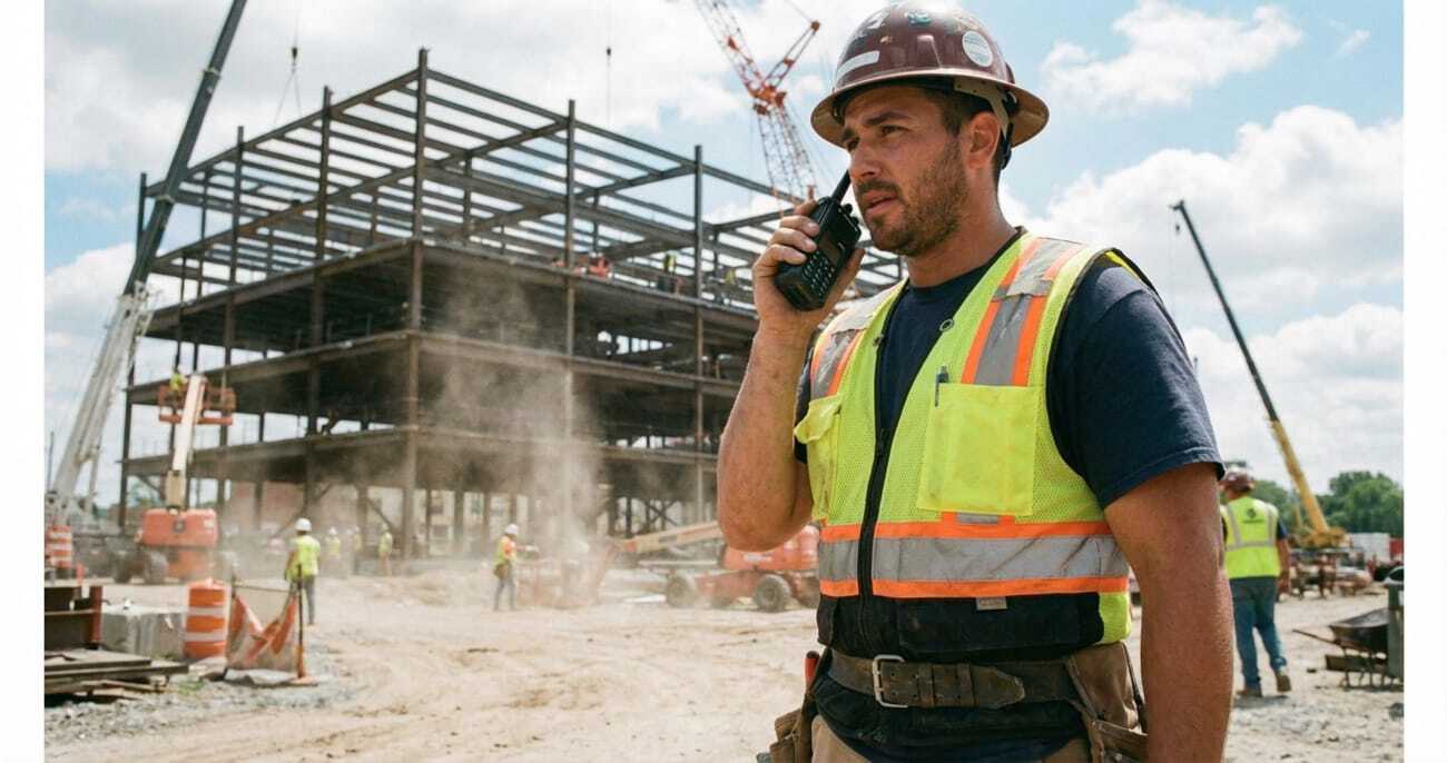 Construction worker using professional two way radio on site
