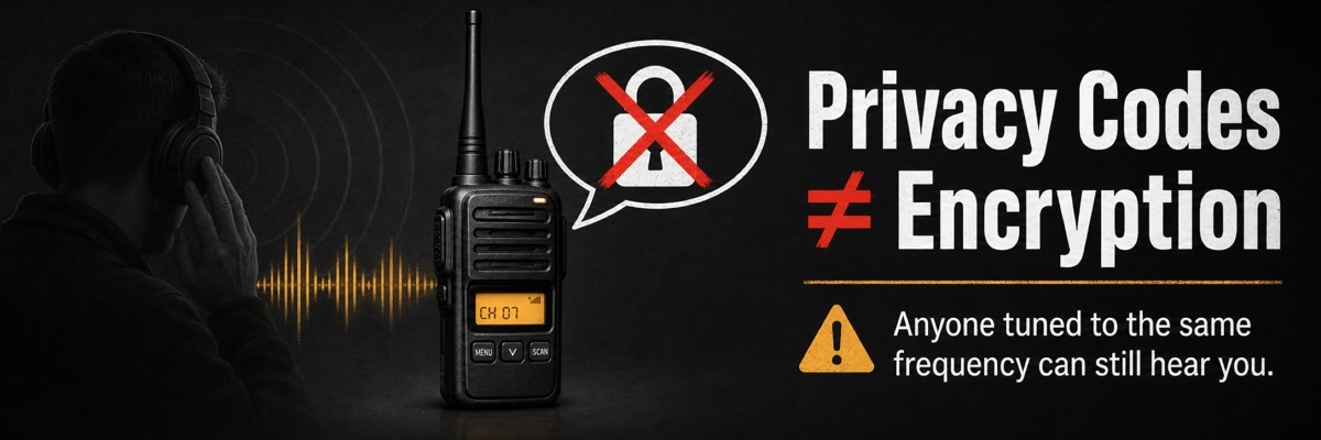Walkie talkie with a padlock crossed out in red, warning that CTCSS and DCS privacy codes are not encryption and transmissions can still be heard on the same frequency