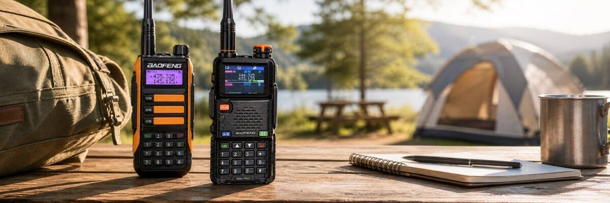 Two different models of two-way radios on a wooden table, illustrating how different walkie-talkie brands can communicate on the same frequency.