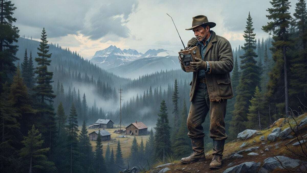 An illustration of a 1930s engineer using a portable Packset radio transceiver in the remote Canadian wilderness, representing Donald Hings and the first walkie-talkie invention in 1937