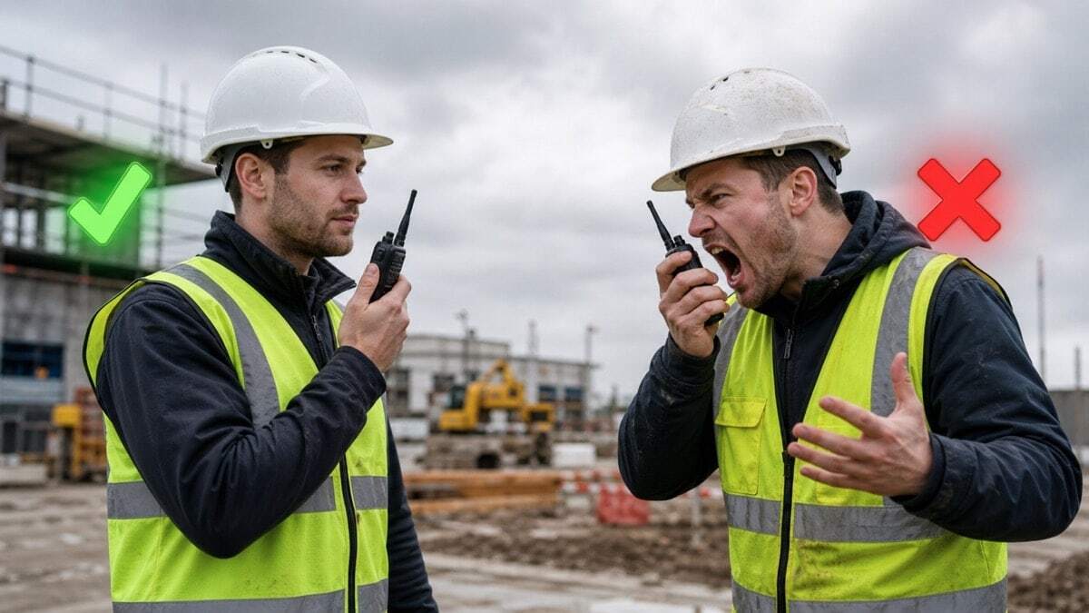 Two UK construction workers demonstrating correct and incorrect walkie-talkie radio communication techniques on a British building site