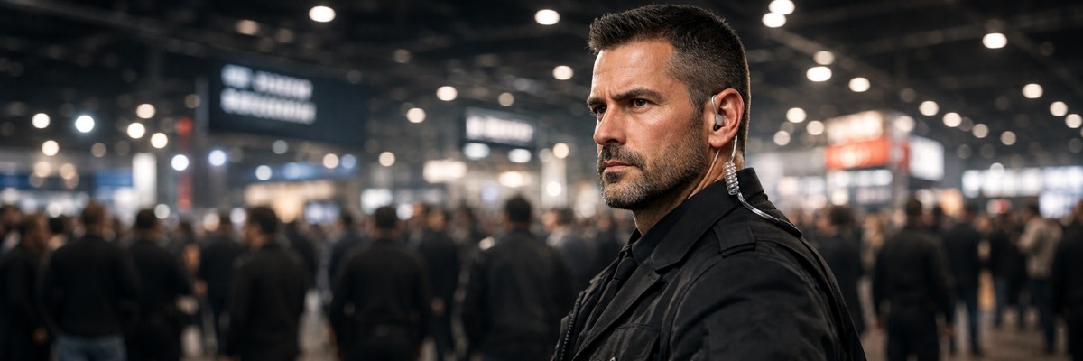 Event security personnel wearing concealed headsets intently receive communication instructions in a crowded venue.