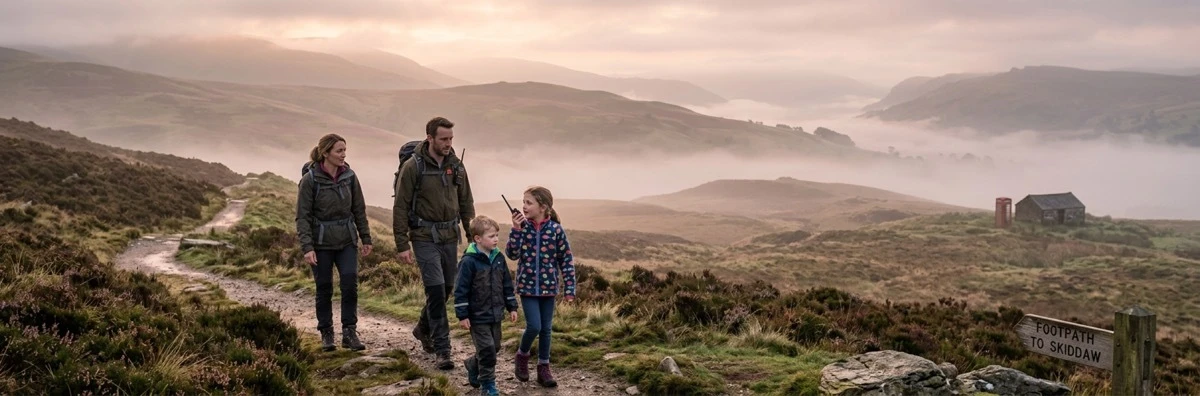 A British family using licence-free Baofeng walkie talkies while hiking in the UK Lake District.