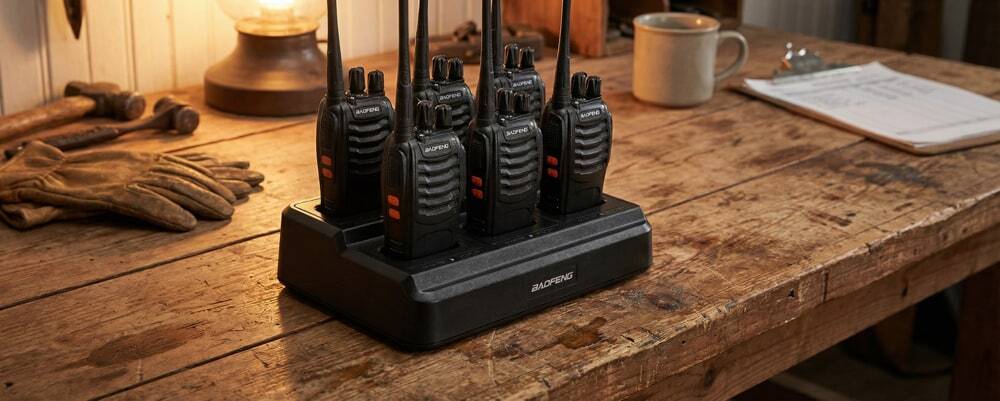 Multiple licence-free walkie-talkies charging in a station inside a wooden farm office.