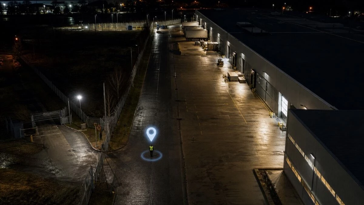Lone security guard on night patrol tracked via GPS location sharing on a two way radio system