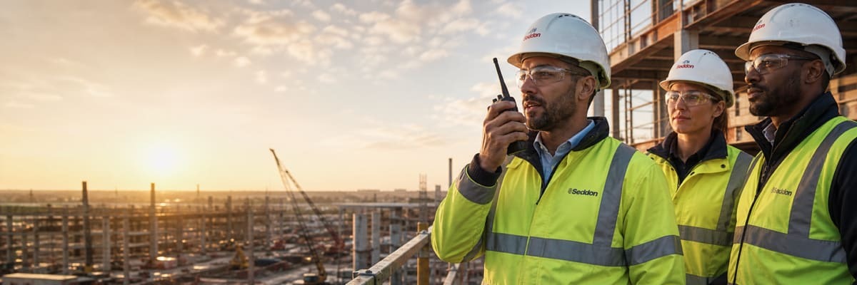 Hard hat workers using Baofeng construction two-way radios on a UK job site