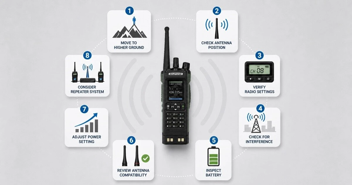 A walkie-talkie surrounded by eight practical range improvement steps — from moving to higher ground and checking antenna position to verifying settings and considering a repeater system for difficult UK environments