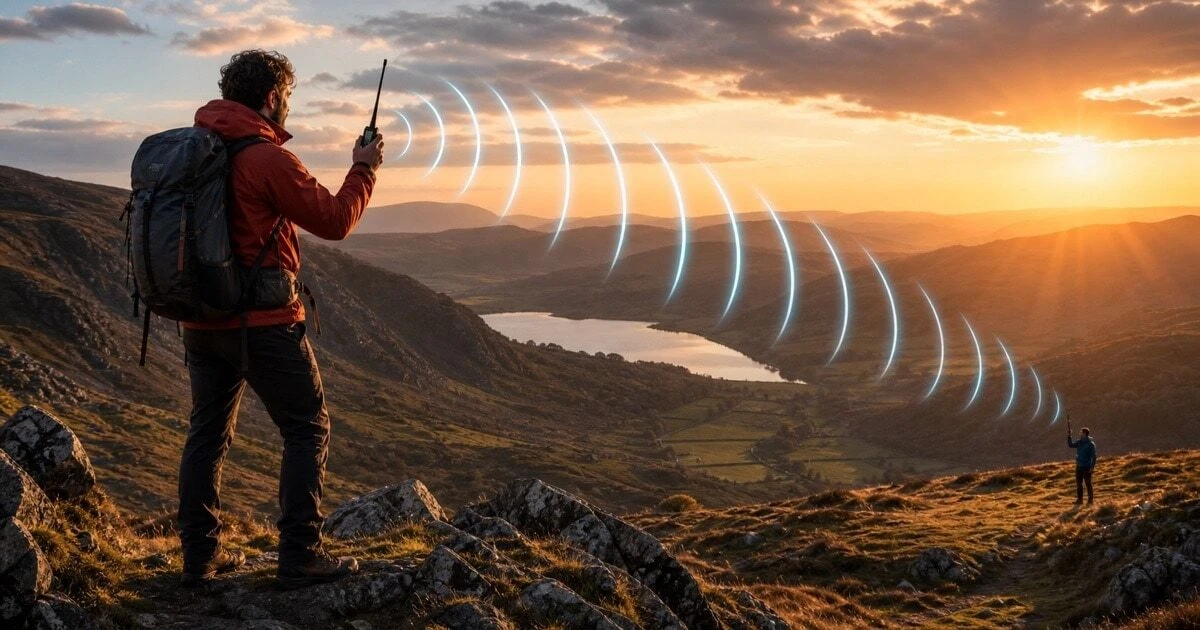 A hiker on a British hilltop holds a walkie-talkie upright with strong signal waves reaching a second person in the valley below, illustrating how elevation and line of sight dramatically improve walkie-talkie range