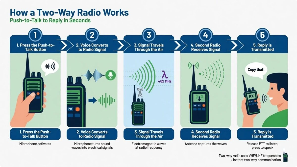A five-step infographic showing how a two-way radio works — pressing push-to-talk, converting voice to radio signal, transmitting through a frequency, receiving on another radio, and responding