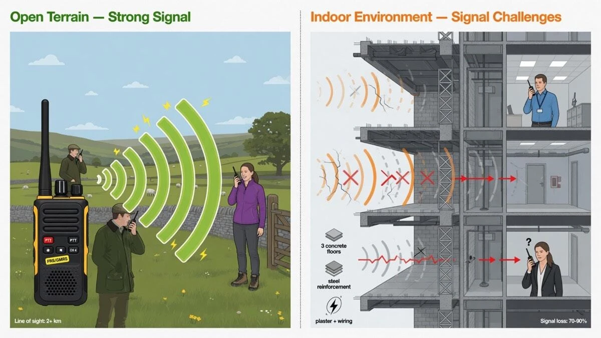 A split-screen comparison showing strong walkie-talkie signal communication across open British countryside on the left, versus weakened signal inside a multi-storey building with concrete walls and floors on the right