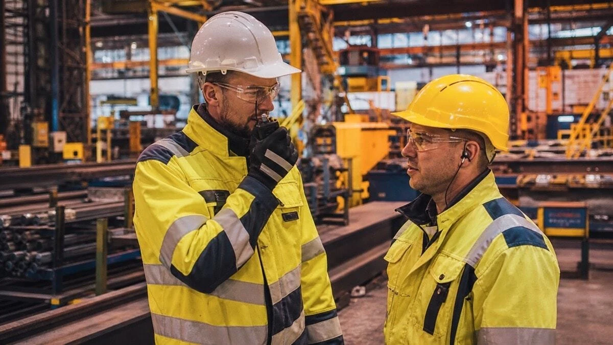 Two factory workers communicating using two way radios in a busy UK manufacturing plant