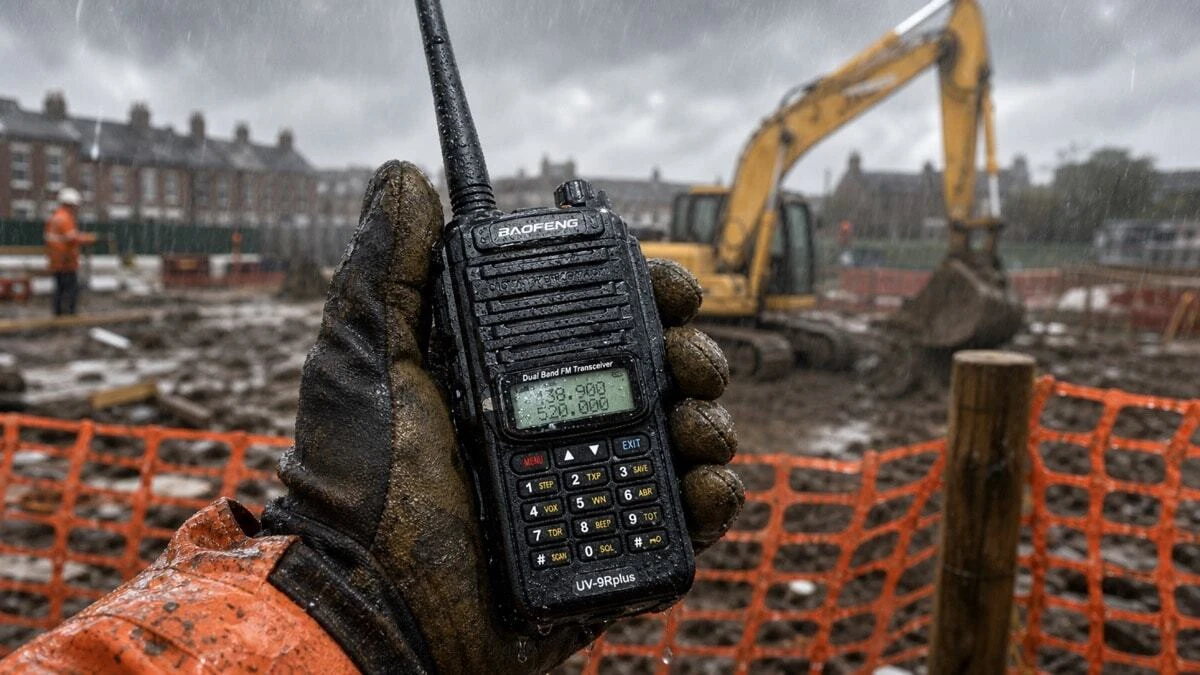 An IP67 waterproof walkie-talkie held in a work glove in heavy rain on a muddy UK groundwork site, with water beading off the sealed casing and an excavator visible in the background