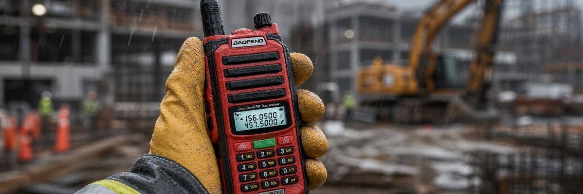 A construction worker holding an IP68 water-resistant walkie-talkie in light rain, showing protection against minor water exposure.